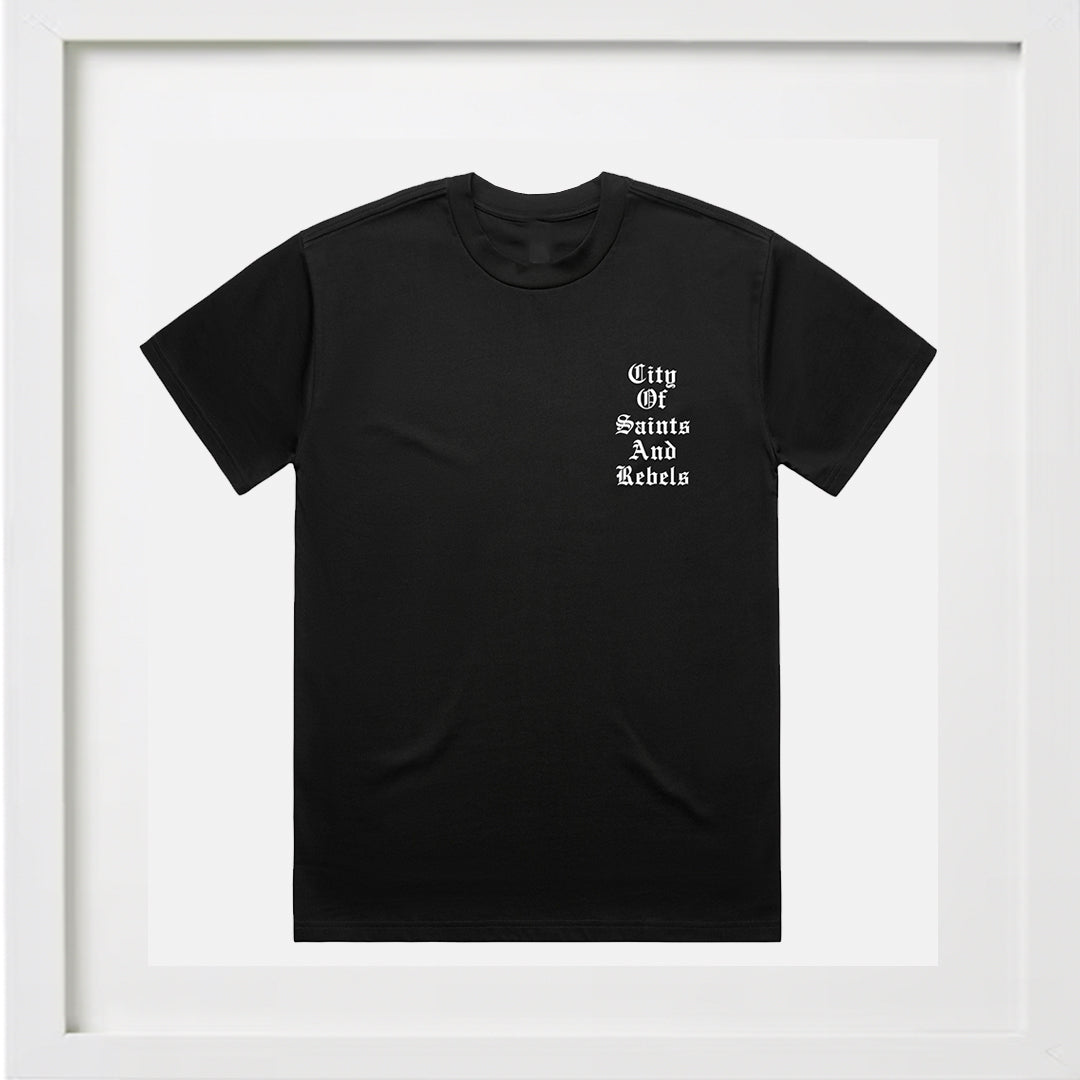 CITY OF SAINTS AND REBELS BLACK CREWNECK T-SHIRT