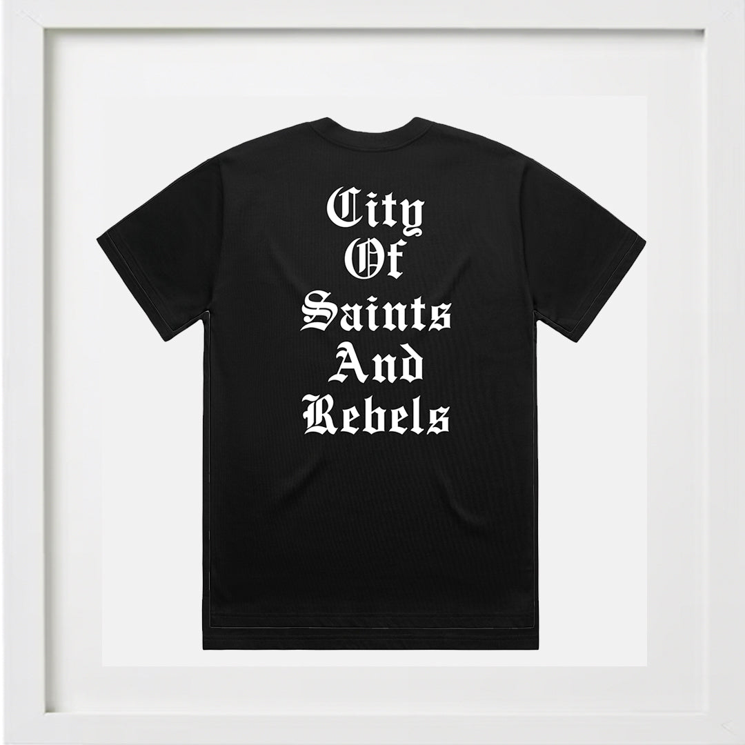 CITY OF SAINTS AND REBELS BLACK CREWNECK T-SHIRT