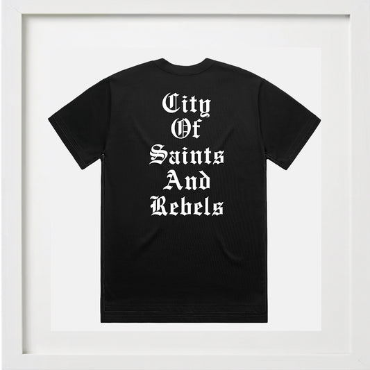 CITY OF SAINTS AND REBELS BLACK CREWNECK T-SHIRT